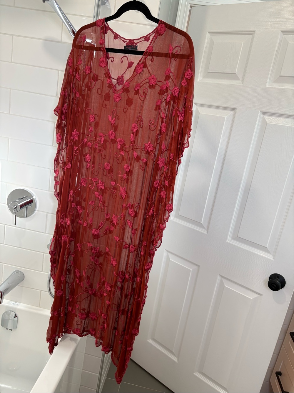 Embroidered Floral 100% Silk Red Sheer Kaftan Dress